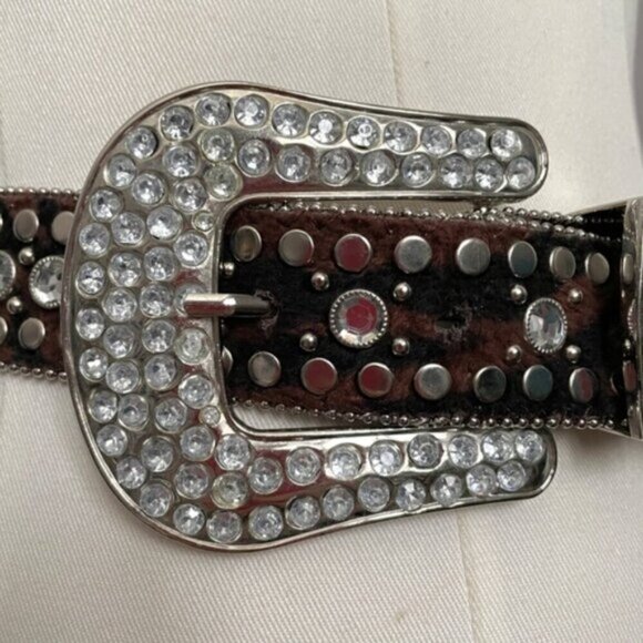 Animal Print Faux Fur Studded Rhinestone Belt - Large, 33.5 - 38.5" Waist - Picture 3 of 10